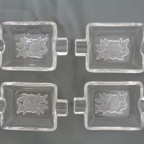 Vintage Frosted Rose Clear Glass Rectangle Personal Ashtray set of 4 - Picture 6 of 6